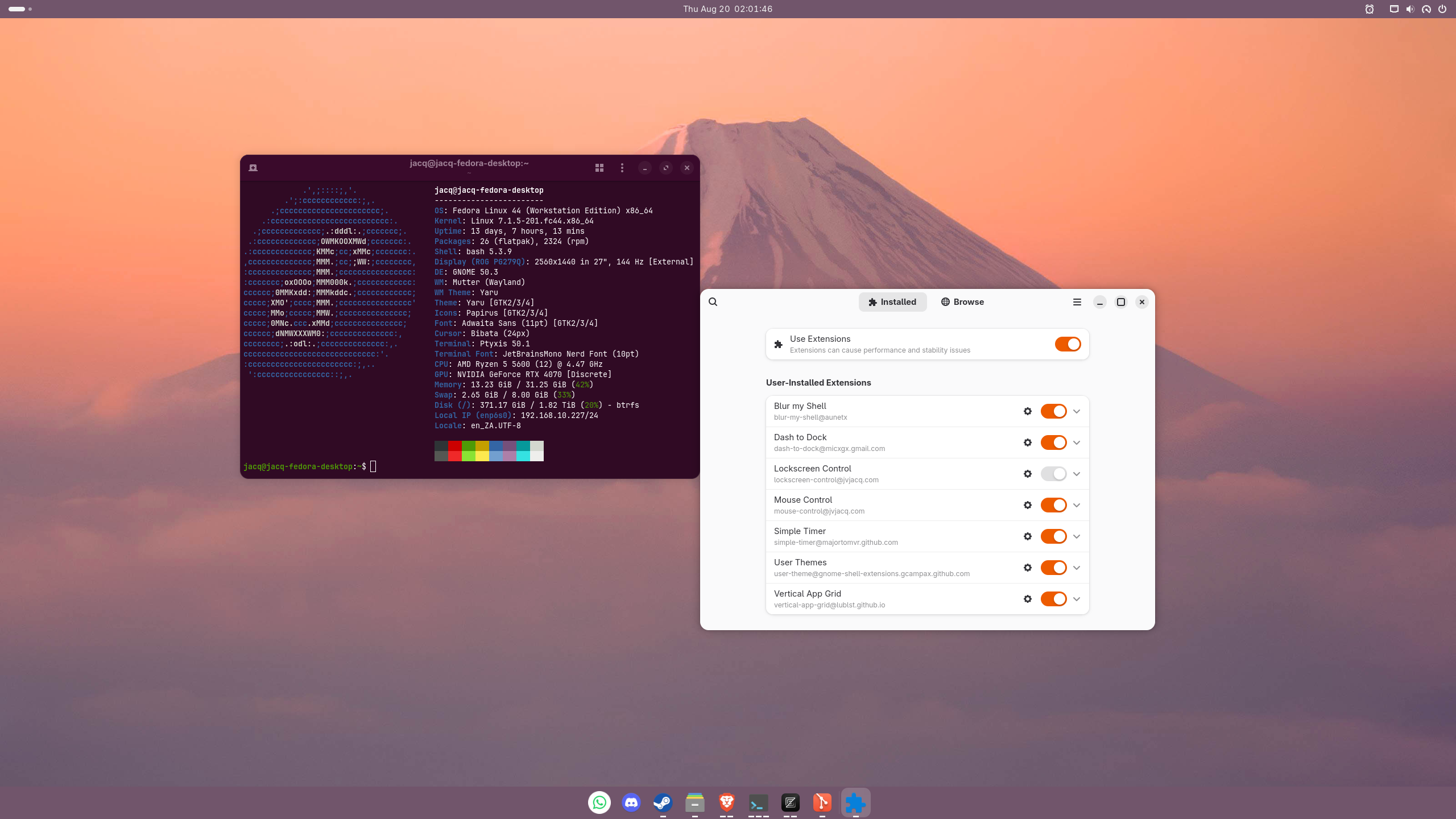 Fedora desktop with GNOME extensions